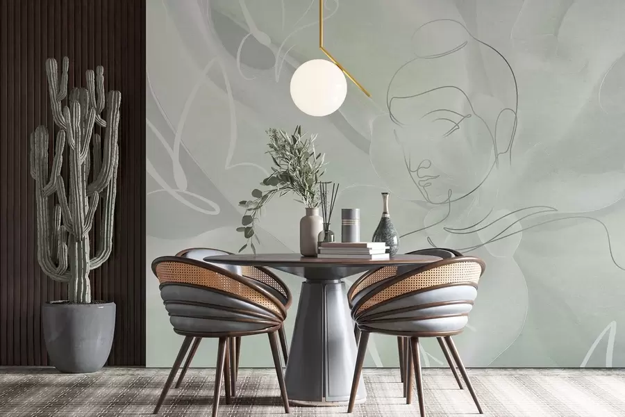 wall murals Floral abstraction with Buddha line drawing, green colors w04004v3