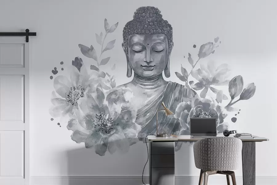 wall murals Watercolor Buddha with flowers, spiritual, grey color palette  w04005v1