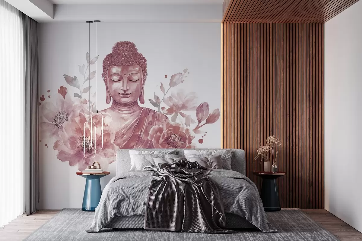 wall murals Watercolor Buddha with flowers, spiritual, burgundy color palette  w04005v2