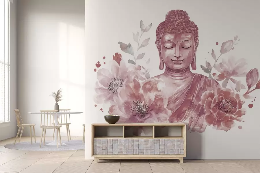 wall murals Watercolor Buddha with flowers, spiritual, burgundy color palette  w04005v2