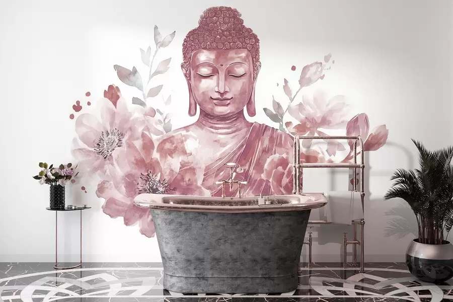 wall murals Watercolor Buddha with flowers, spiritual, burgundy color palette  w04005v2