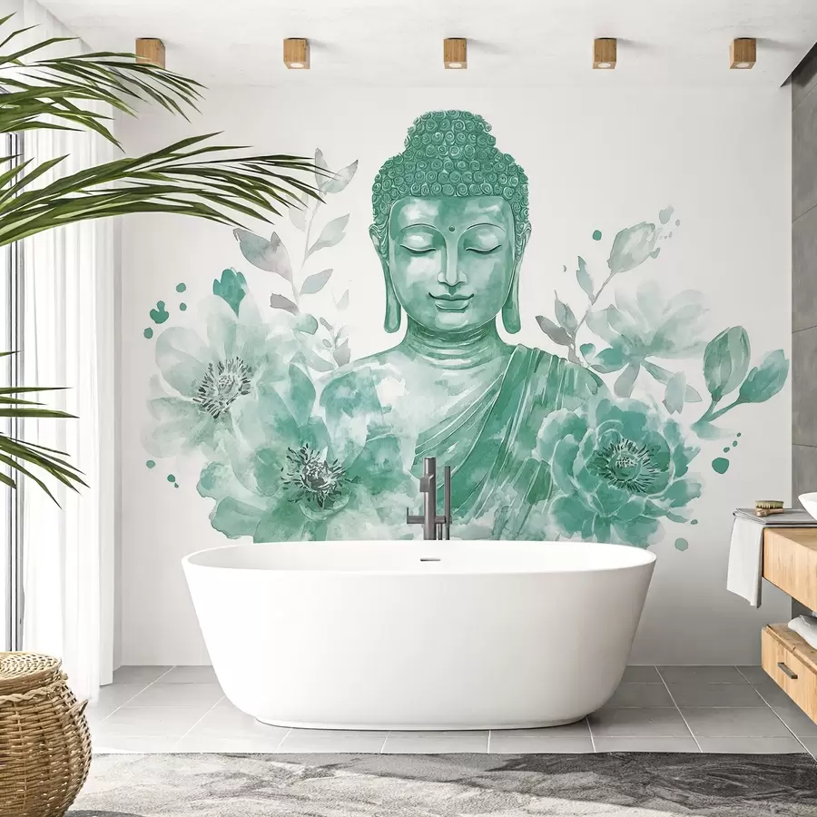 wall murals Watercolor Buddha with flowers, spiritual, green color palette  w04005v3