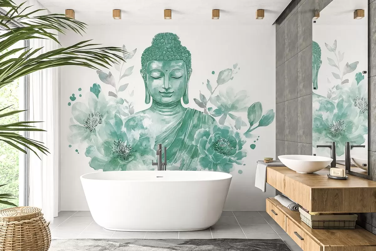 wall murals Watercolor Buddha with flowers, spiritual, green color palette  w04005v3