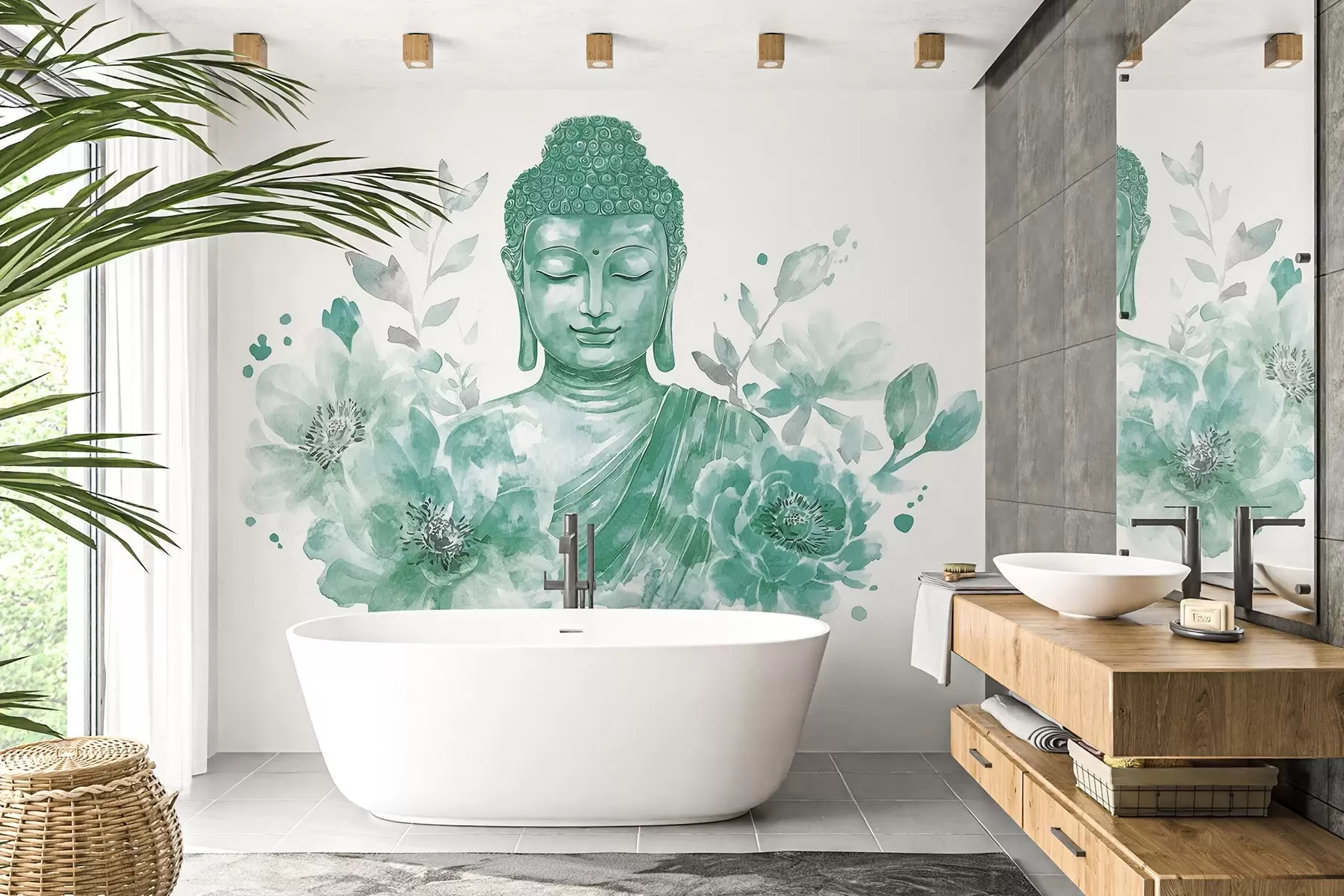 wall murals Watercolor Buddha with flowers, spiritual, green color palette  w04005v3