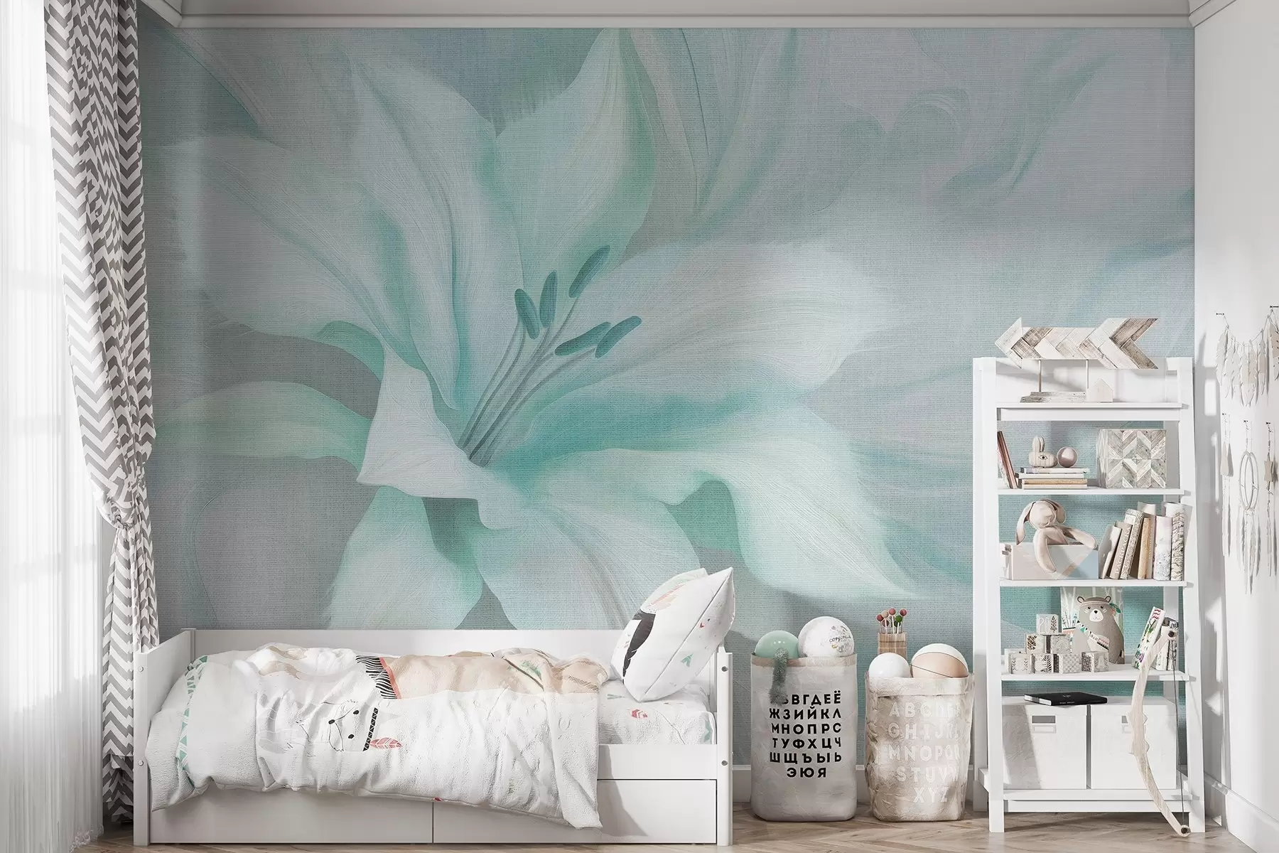 wall murals Lily flower fluid abstraction, floral, aquamarine colors w04006v3