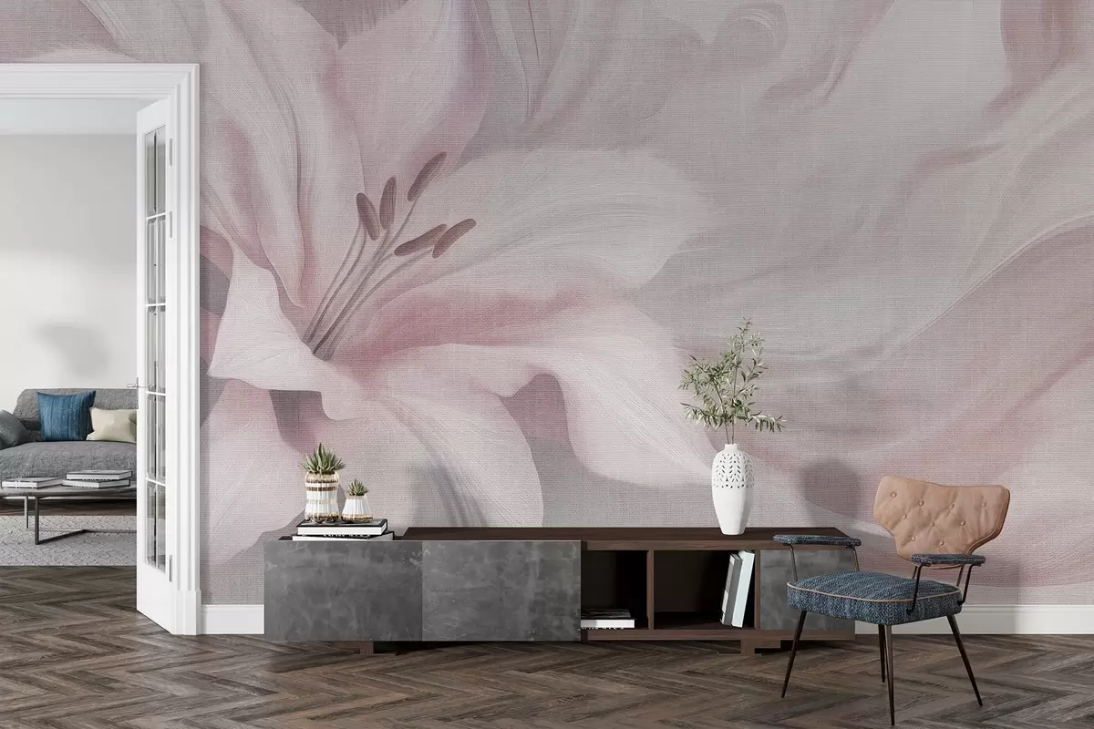 wall murals Lily flower fluid abstraction, floral, pink and beige colors w04006v4