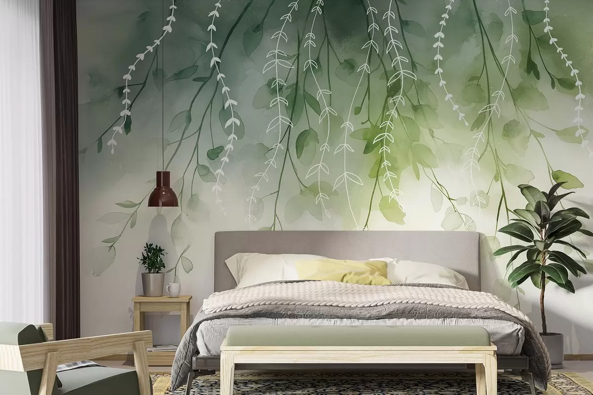 wall murals Branches with leaves in watercolor style, natural green colors w04007