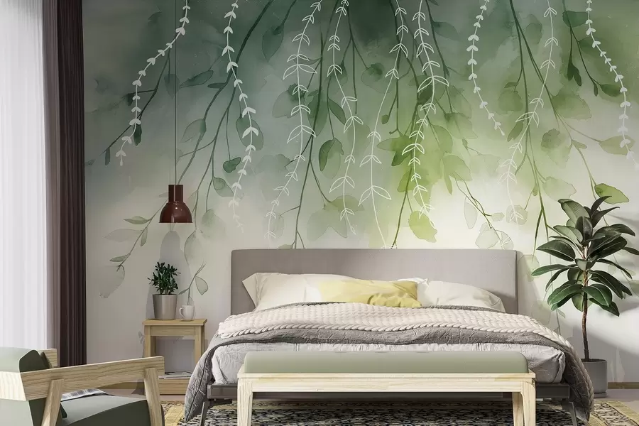 wall murals Branches with leaves in watercolor style, natural green colors w04007