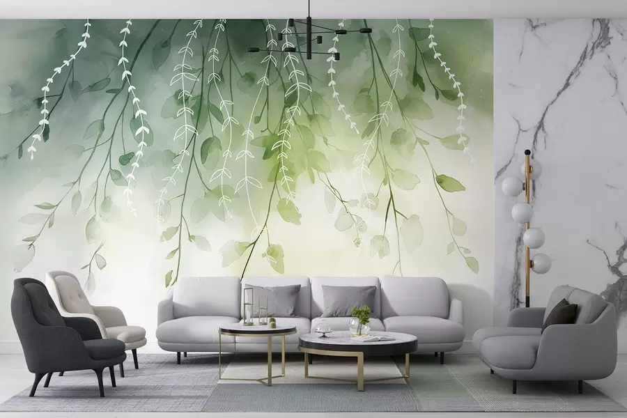 wall murals Branches with leaves in watercolor style, natural green colors w04007