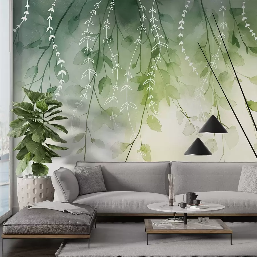 wall murals Branches with leaves in watercolor style, natural green colors w04007