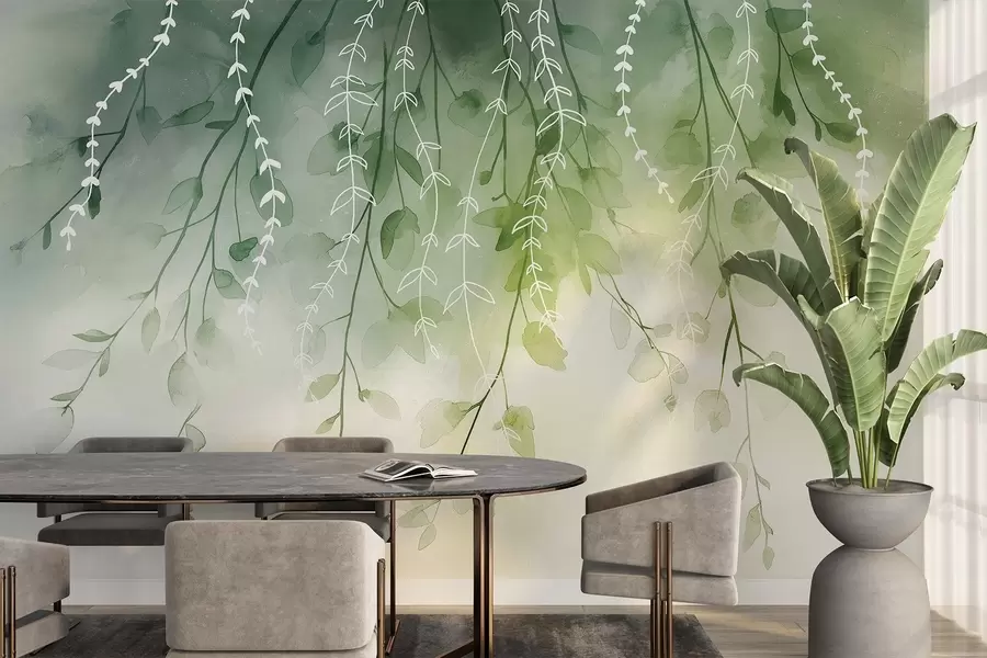 wall murals Branches with leaves in watercolor style, natural green colors w04007