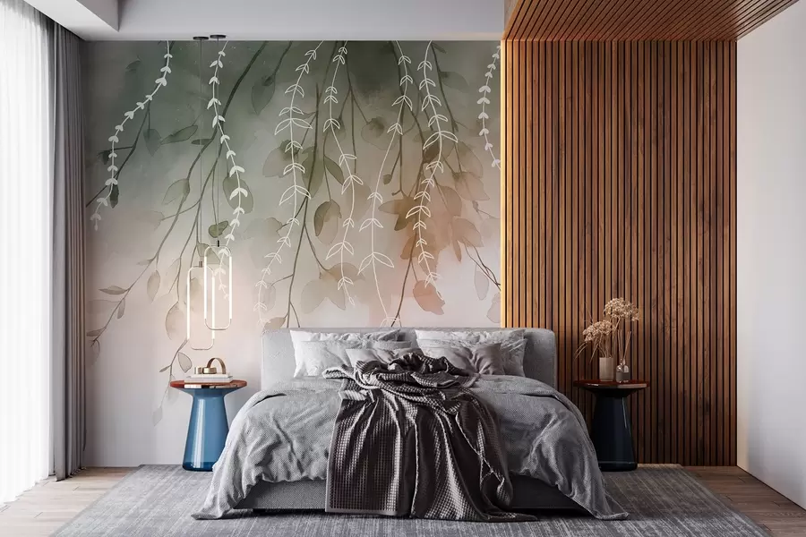 wall murals Branches with leaves in watercolor style, natural autumn colors w04007v1