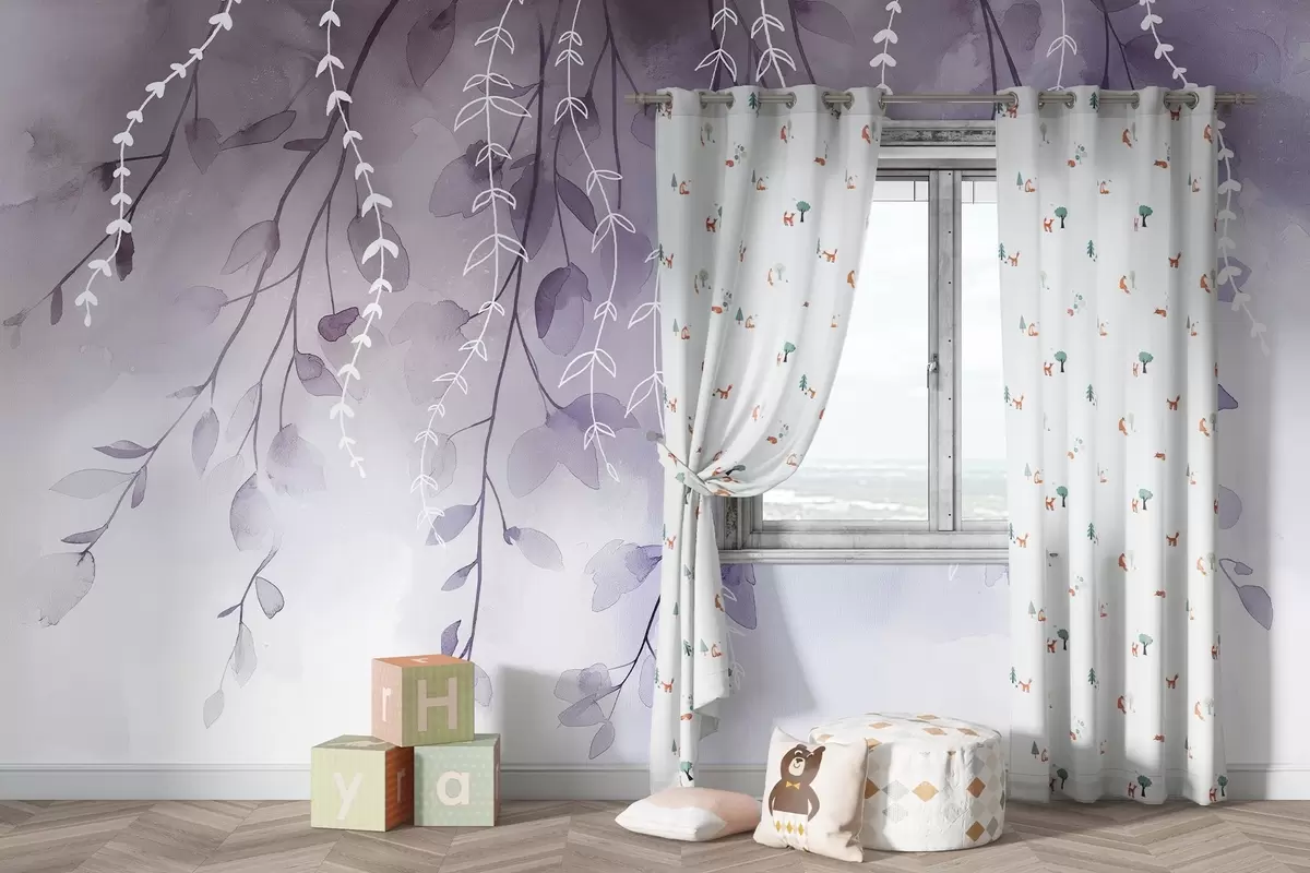 wall murals Branches with leaves in watercolor style, natural purple colors w04007v2