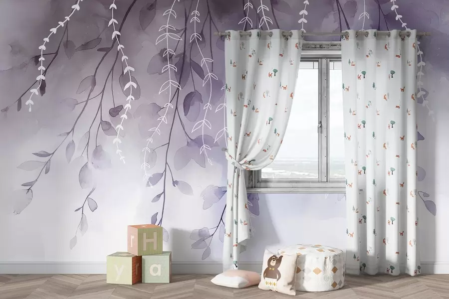 wall murals Branches with leaves in watercolor style, natural purple colors w04007v2