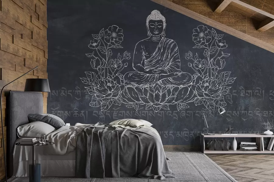 wall murals Meditating Buddha with lotus flowers, line art, oriental, dark background w04008