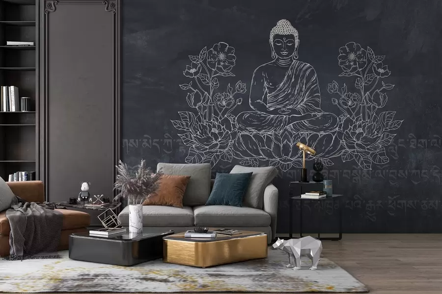 wall murals Meditating Buddha with lotus flowers, line art, oriental, dark background w04008