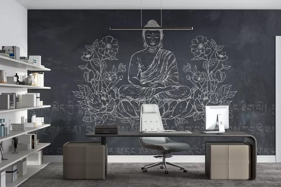 wall murals Meditating Buddha with lotus flowers, line art, oriental, dark background w04008