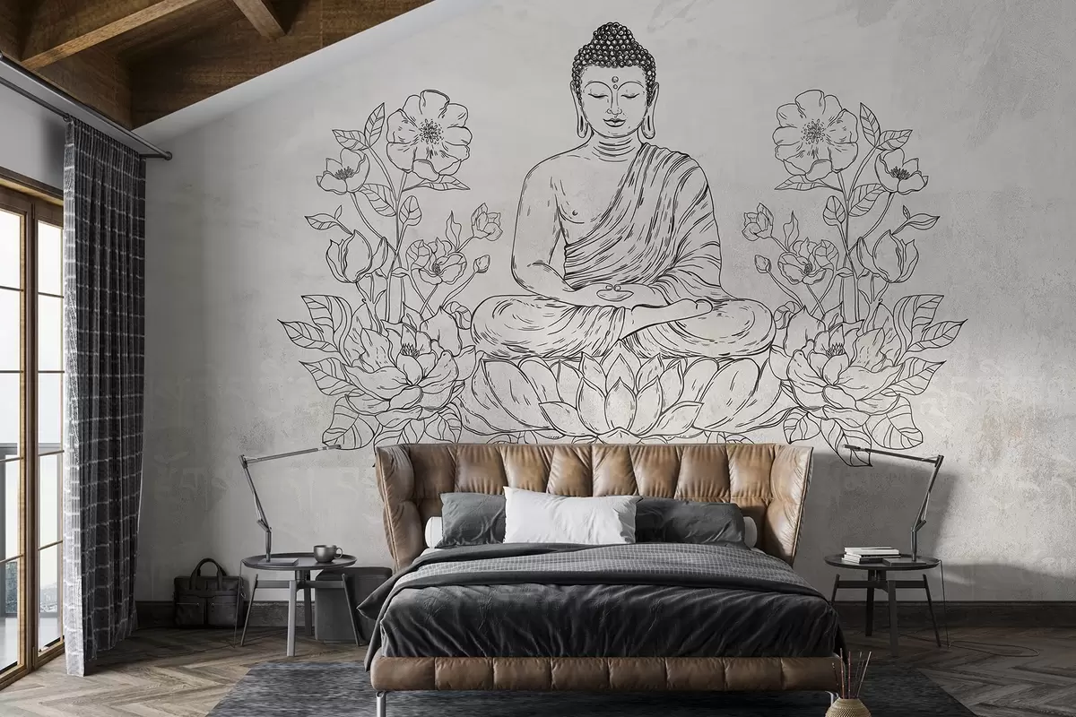 wall murals Meditating Buddha with lotus flowers, line art, oriental, beige background w04008v1