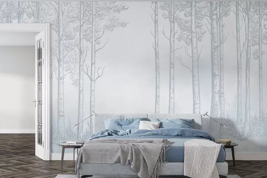 wall murals Forest with birch trees, minimalism, nature, blue color palette  w04009