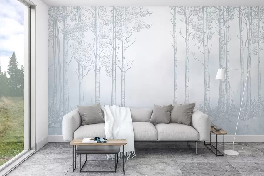 wall murals Forest with birch trees, minimalism, nature, blue color palette  w04009