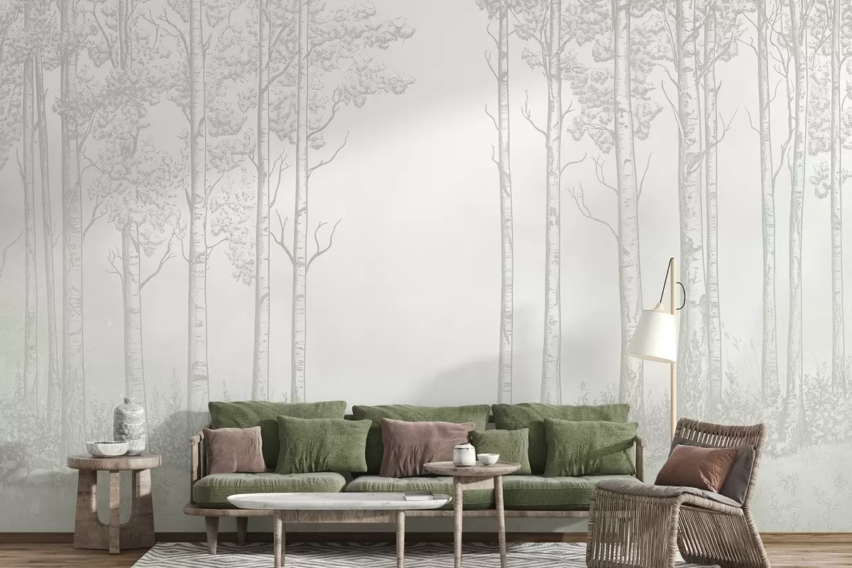 wall murals Forest with birch trees, minimalism, nature, green color palette  w04009v1