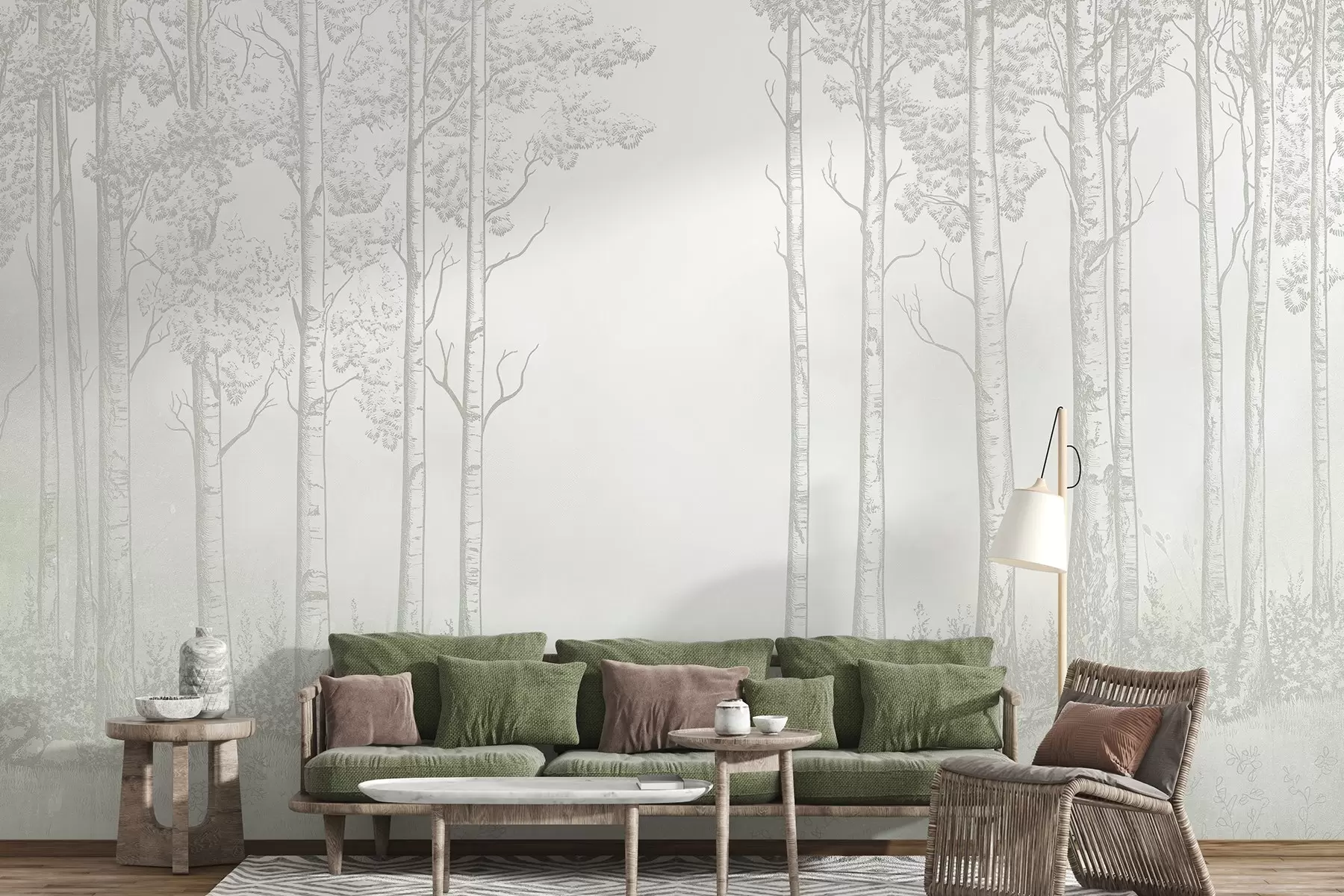 wall murals Forest with birch trees, minimalism, nature, green color palette  w04009v1