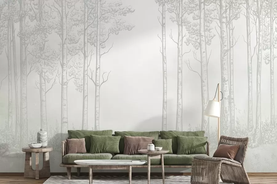 wall murals Forest with birch trees, minimalism, nature, green color palette  w04009v1