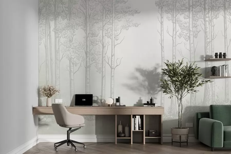 wall murals Forest with birch trees, minimalism, nature, green color palette  w04009v1