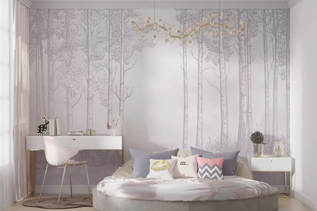 wall murals Forest with birch trees, minimalism, nature, pink color palette  w04009v2
