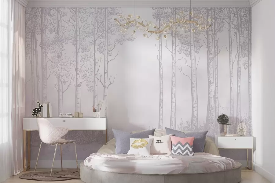wall murals Forest with birch trees, minimalism, nature, pink color palette  w04009v2