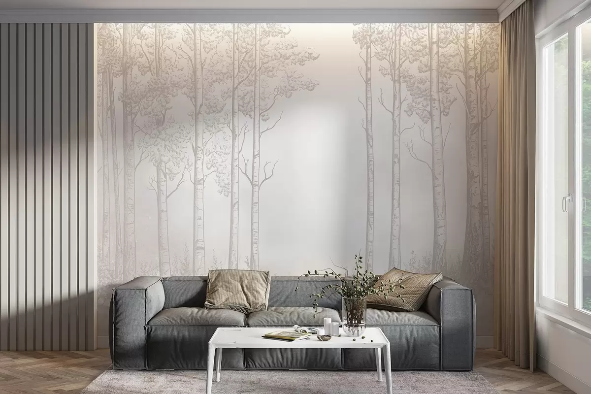 wall murals Forest with birch trees, minimalism, nature, beige color palette  w04009v3