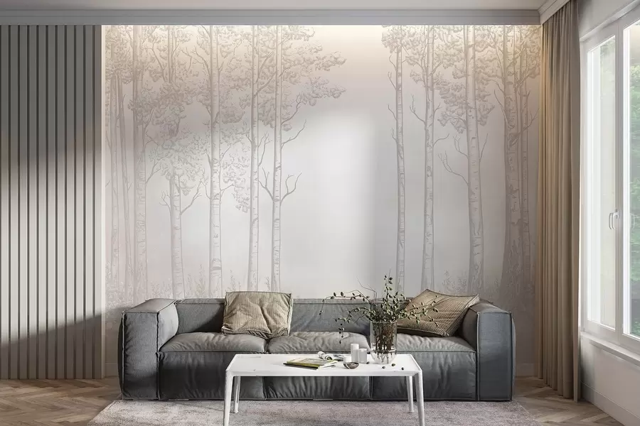 wall murals Forest with birch trees, minimalism, nature, beige color palette  w04009v3