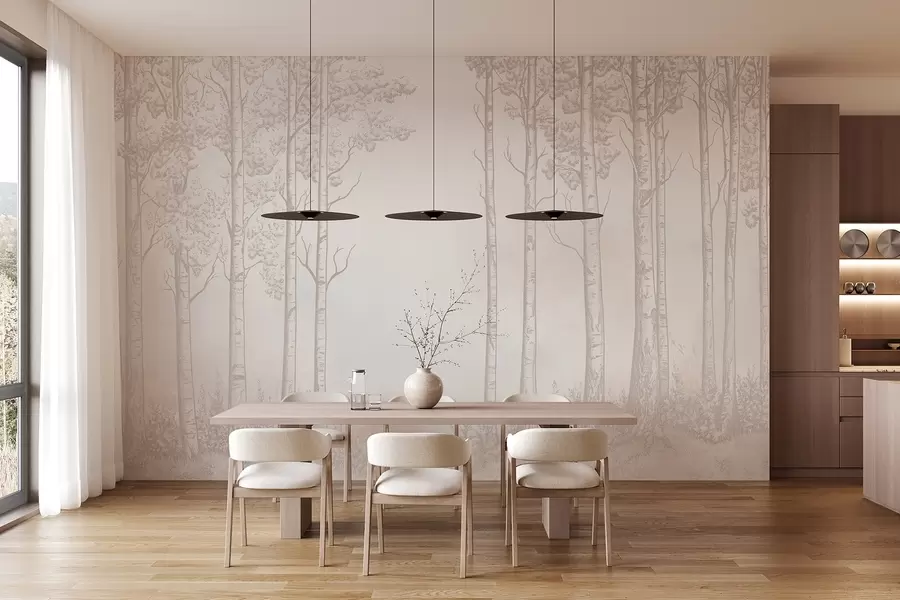 wall murals Forest with birch trees, minimalism, nature, beige color palette  w04009v3