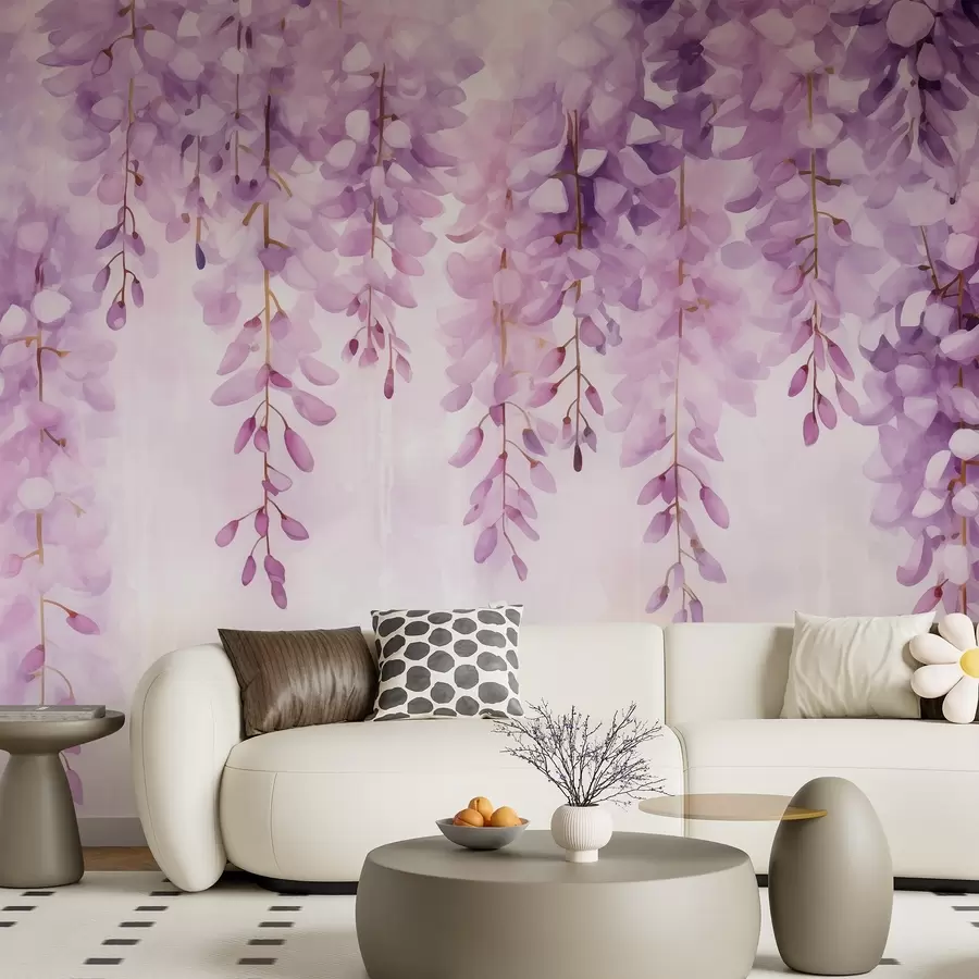 wall murals Delicate watercolor composition with cascading wisteria in soft lavender and pink tones, creating a peaceful, w04034