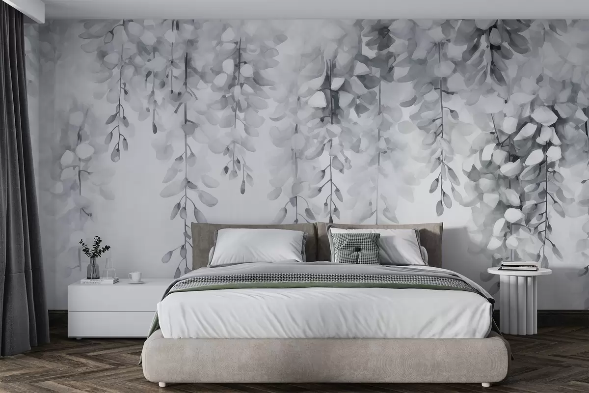 wall murals Monochrome watercolor with cascading wisteria in cool silver and white tones, evoking stillness and winter softness w04034v1