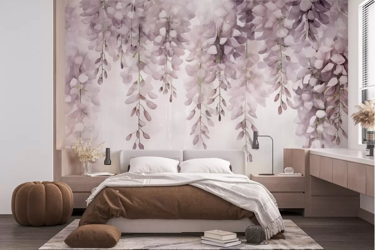 wall murals Soft watercolor scene in creamy pink tones, with cascading wisteria clusters forming a dreamy floral curtain w04034v2