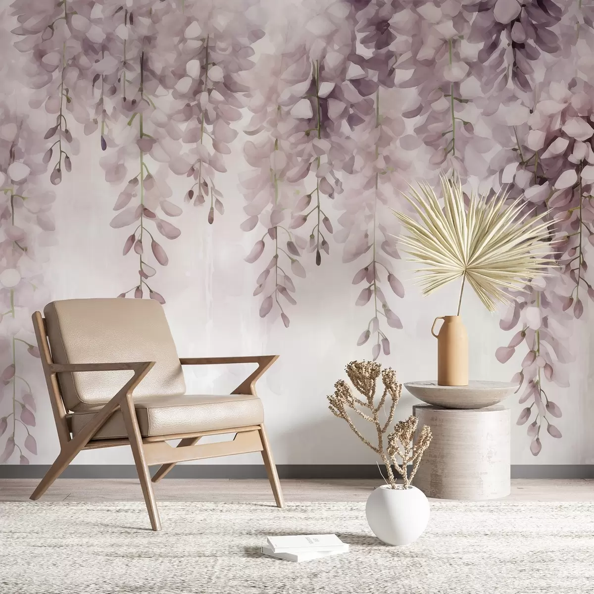 wall murals Soft watercolor scene in creamy pink tones, with cascading wisteria clusters forming a dreamy floral curtain w04034v2