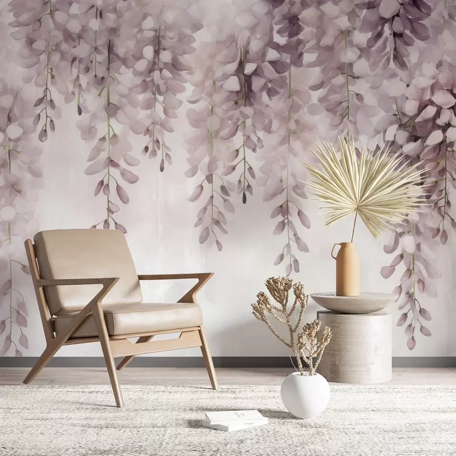 wall murals Soft watercolor scene in creamy pink tones, with cascading wisteria clusters forming a dreamy floral curtain w04034v2