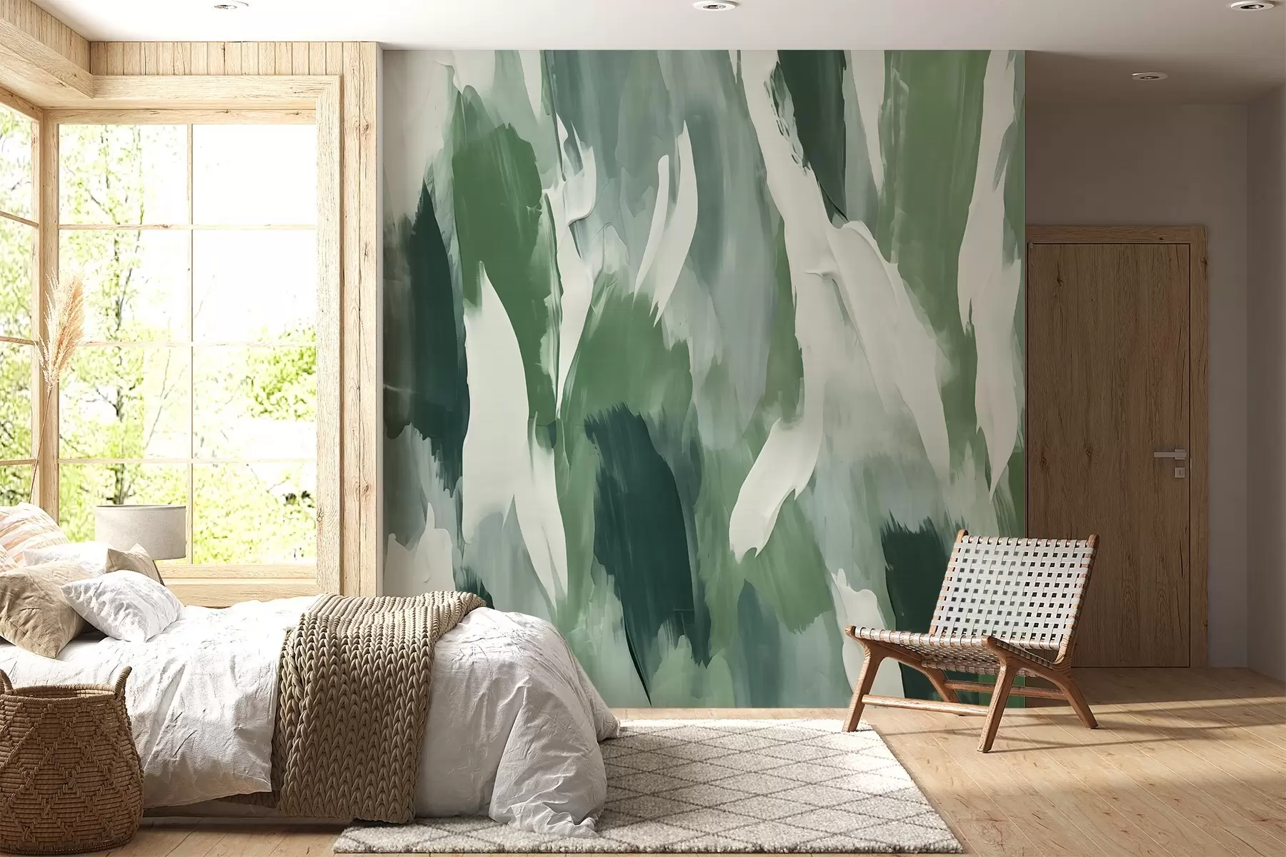 wall murals Abstract texture of bold green and cream brushstrokes, evoking the rhythm of wind-blown foliage and organic motion w04035