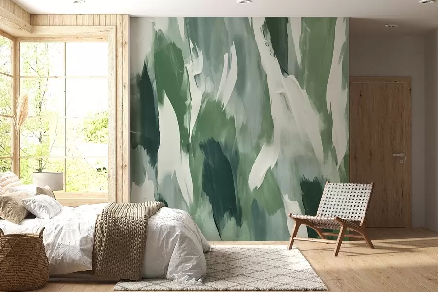 wall murals Abstract texture of bold green and cream brushstrokes, evoking the rhythm of wind-blown foliage and organic motion w04035