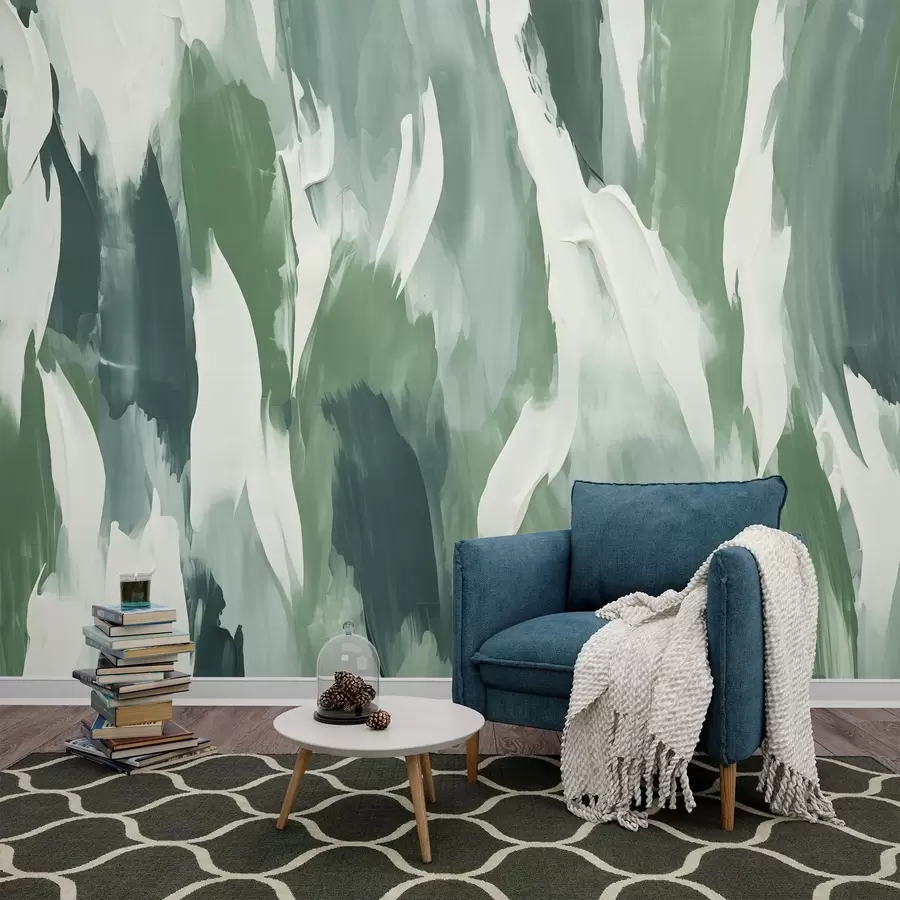 wall murals Abstract texture of bold green and cream brushstrokes, evoking the rhythm of wind-blown foliage and organic motion w04035