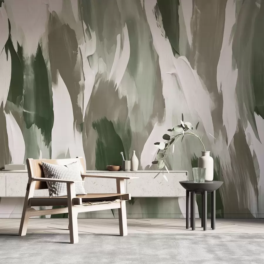 wall murals Abstract brushstroke composition in earthy greens, taupes, and ivory, evoking a grounded, nature-inspired rhythm w04035v1
