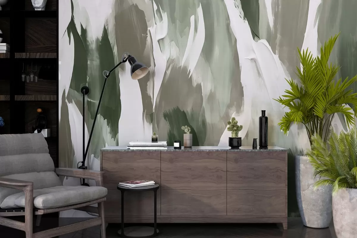 wall murals Abstract brushstroke composition in earthy greens, taupes, and ivory, evoking a grounded, nature-inspired rhythm w04035v1