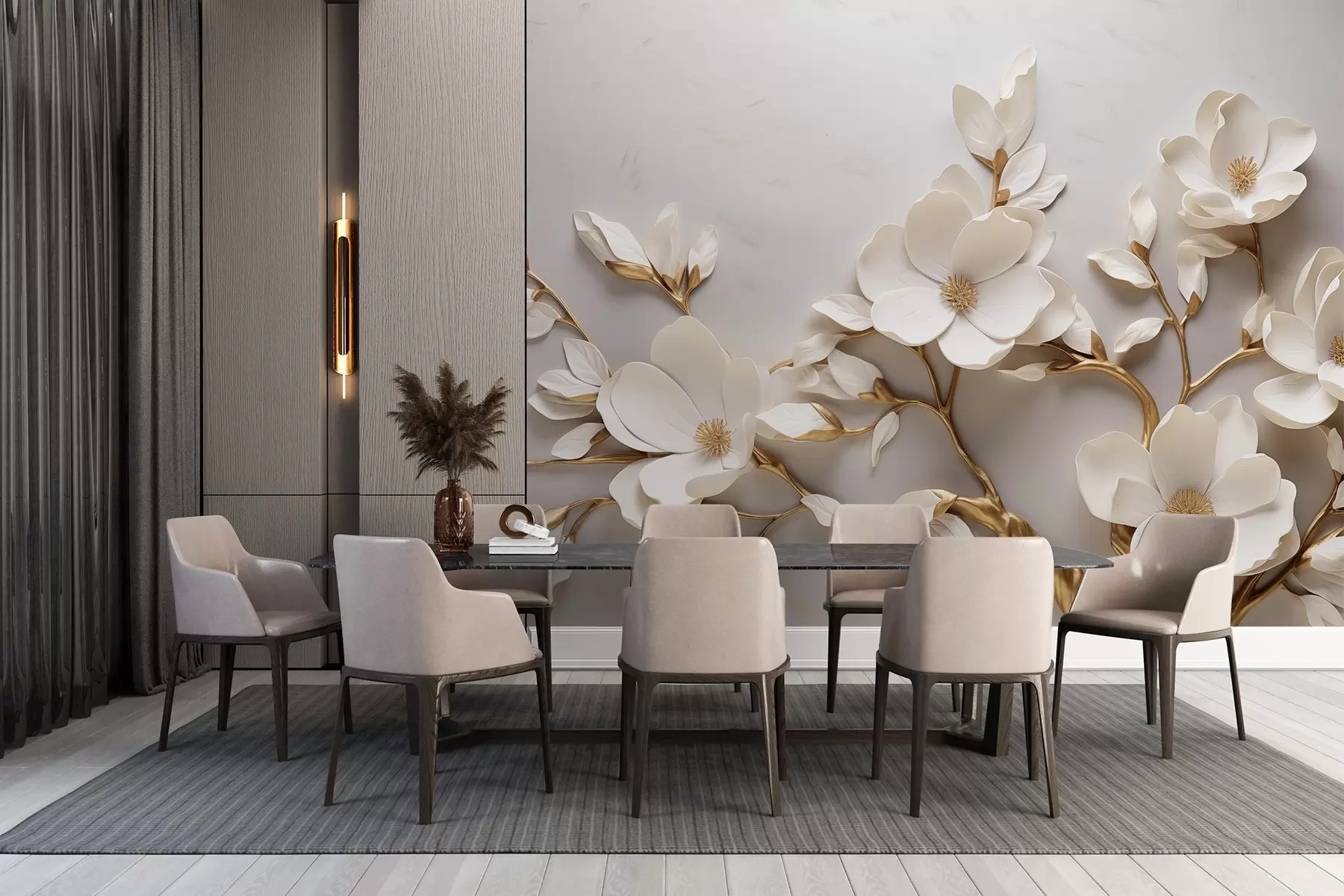 wall murals Elegant relief flowers with soft-toned stems form a tranquil, harmonious scene w04039