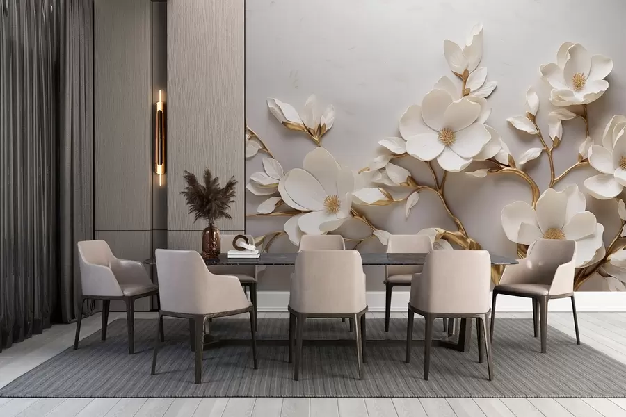wall murals Elegant relief flowers with soft-toned stems form a tranquil, harmonious scene w04039