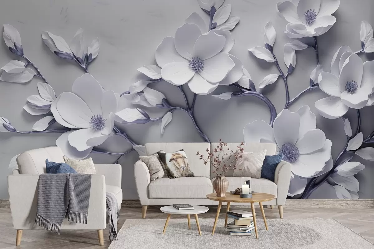 wall murals Dimensional floral design in soft white and violet-grey tones w04039v1