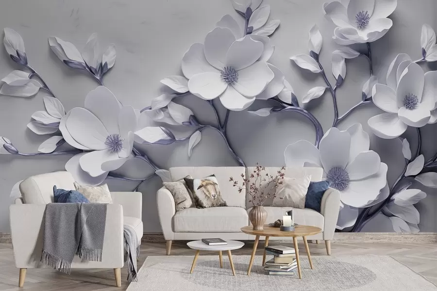 wall murals Dimensional floral design in soft white and violet-grey tones w04039v1