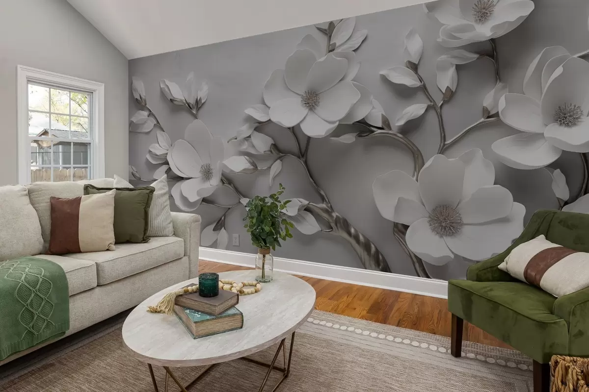 wall murals Dimensional floral branch in pure white and neutral tones w04039v2