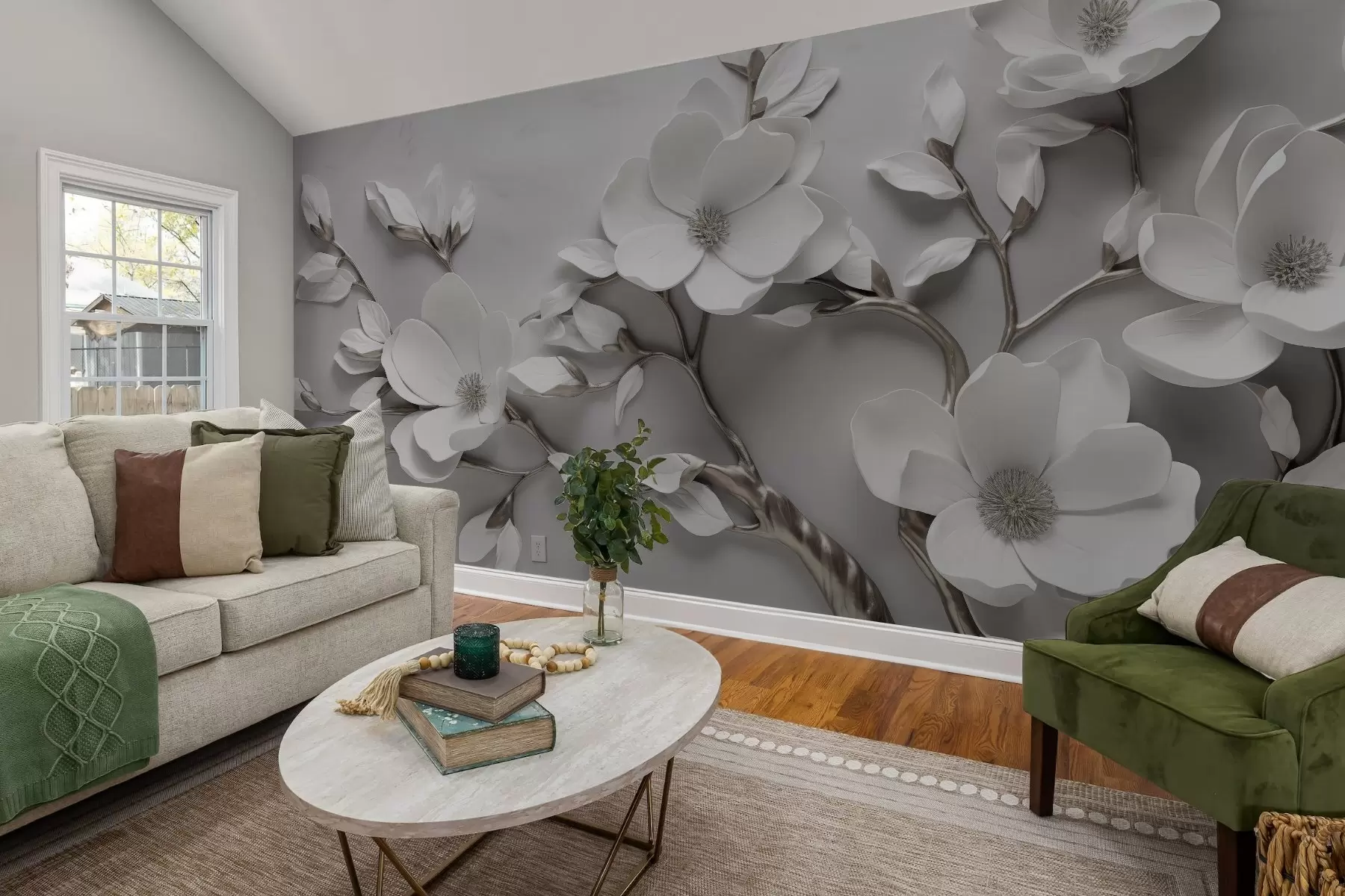 wall murals Dimensional floral branch in pure white and neutral tones w04039v2
