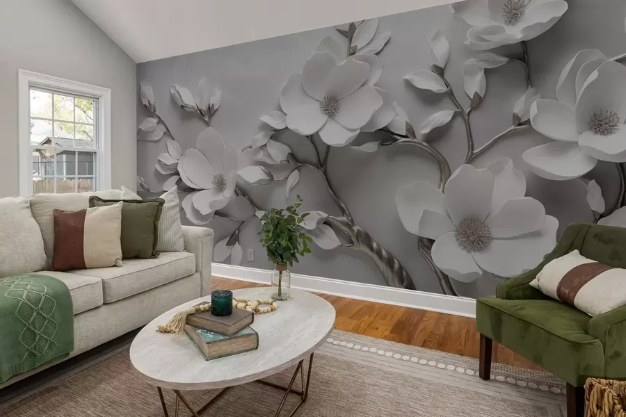 wall murals Dimensional floral branch in pure white and neutral tones w04039v2